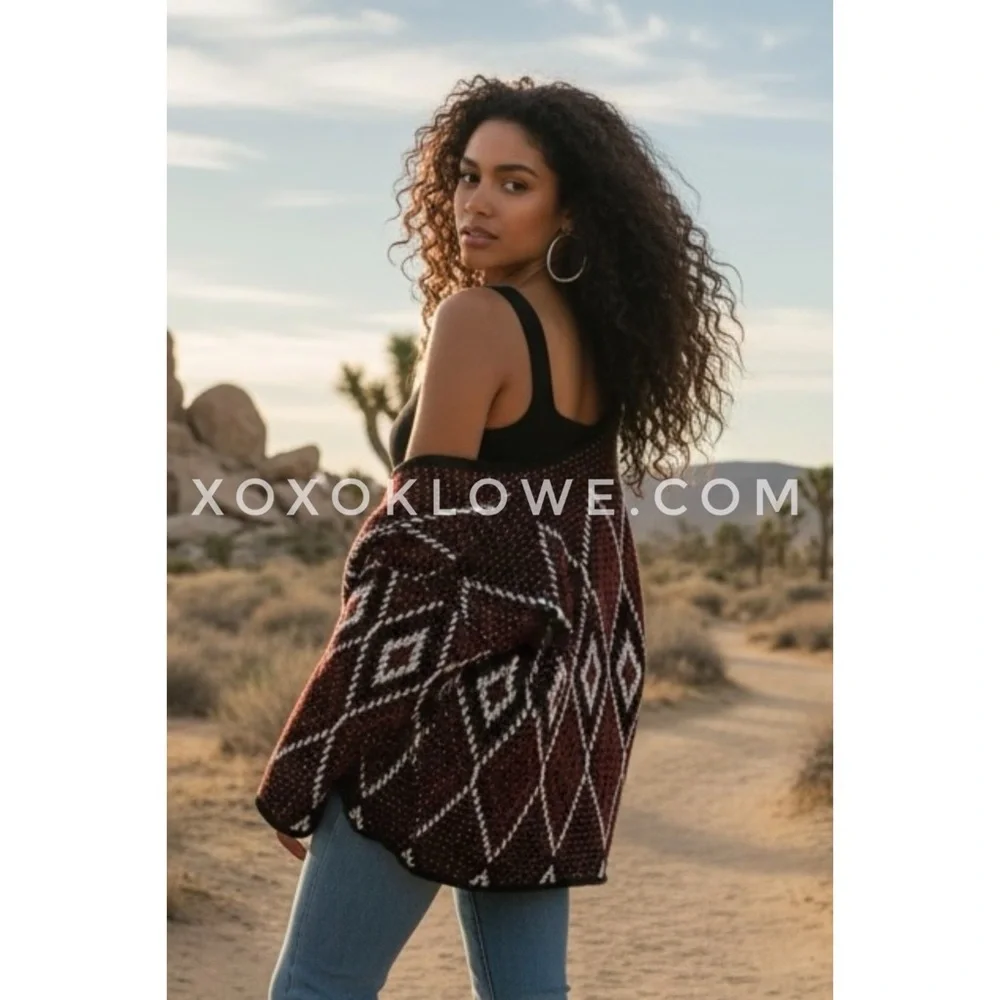 POL Burgundy Diamond Pattern Cardigan | Southwestern Chunky Knit Relaxed Fit - Picture 8 of 9